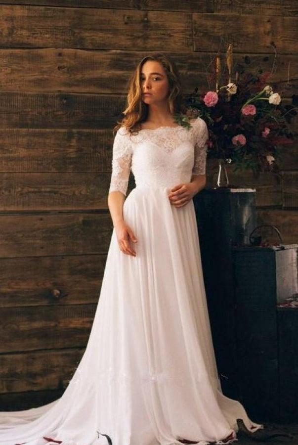 Elegant Lace Appliques Half Sleeves Chiffon Backless Boho Wedding Gowns