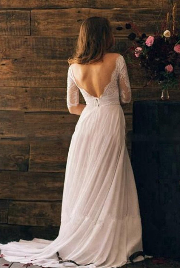 Elegant Lace Appliques Half Sleeves Chiffon Backless Boho Wedding Gowns