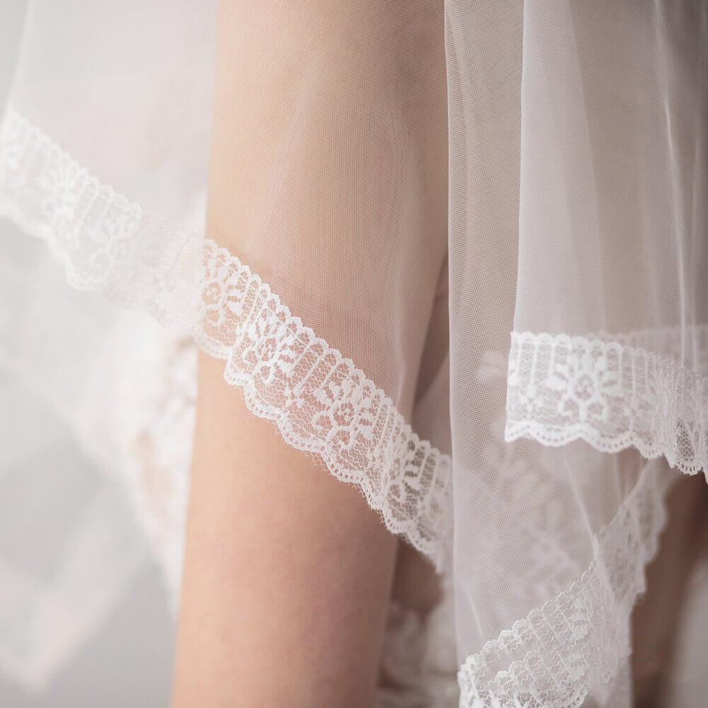 Lace Hemline Ivory Tulle Wedding Veils - KissProm