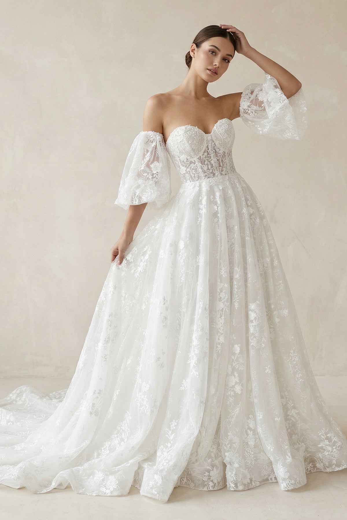 wedding dresses with a corset Lace Sweetheart A-Line Corset Wedding Dress With Sleeves in White, White / 8
