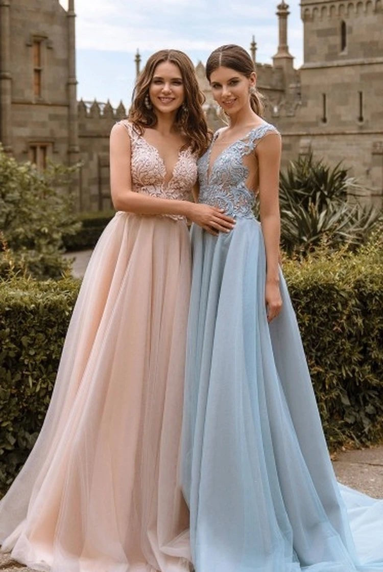 Lace V Neck Bridesmaid Dresses Sexy Illusion Back Tulle Dresses