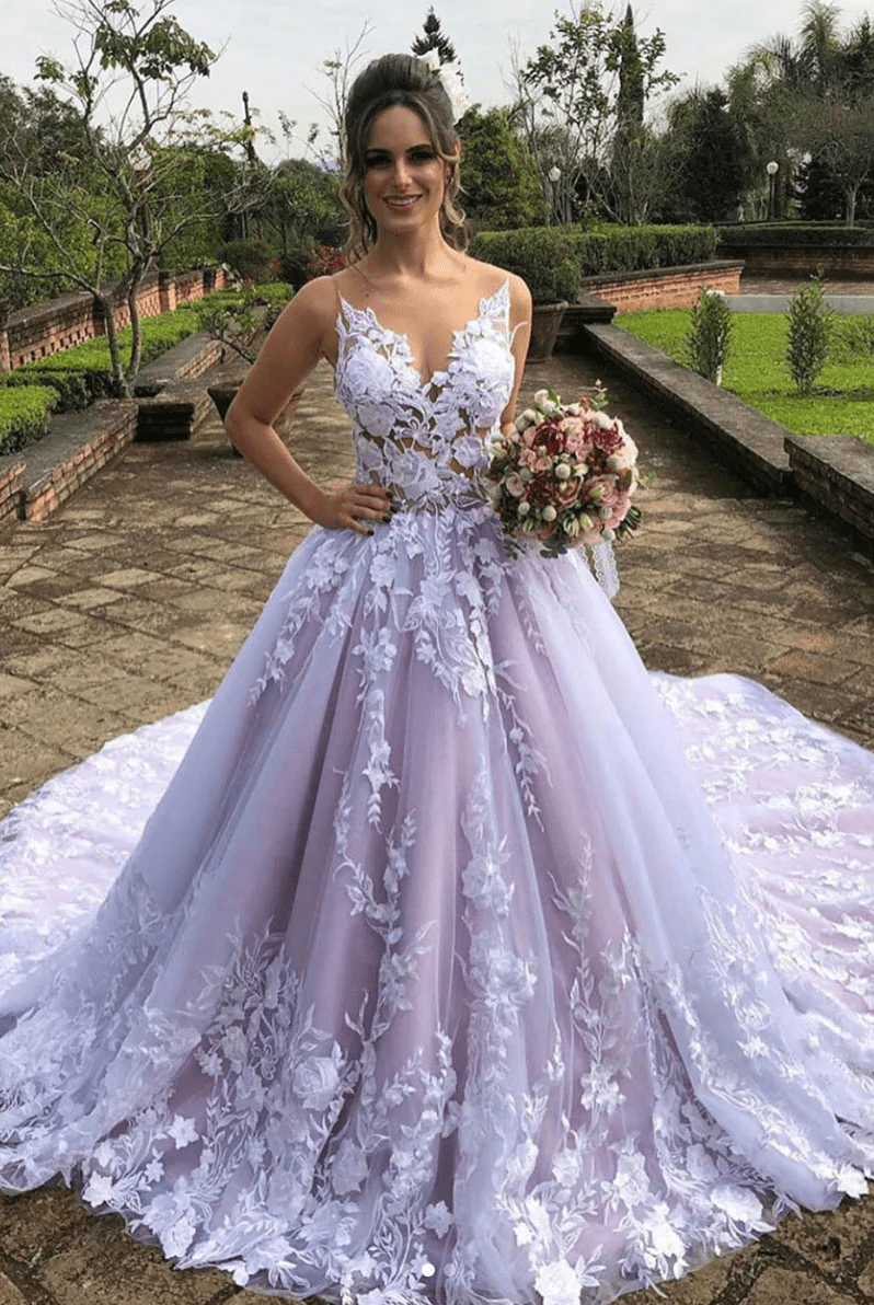 Melania | Light Purple Sleeveless A Line V-Neck Lace Wedding Dresses