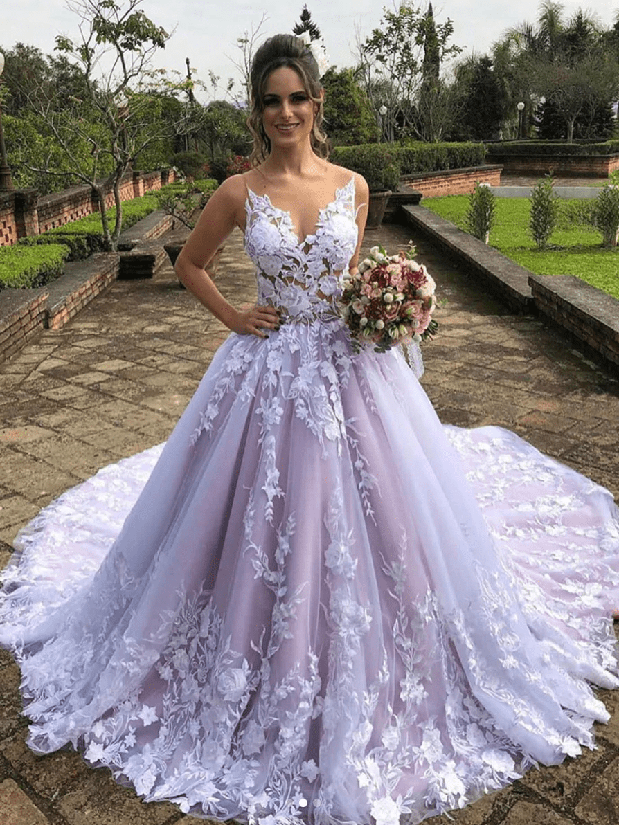 strapless open back dress Light Purple Sleeveless A Line V-Neck Lace Wedding Dresses, Purple / 10