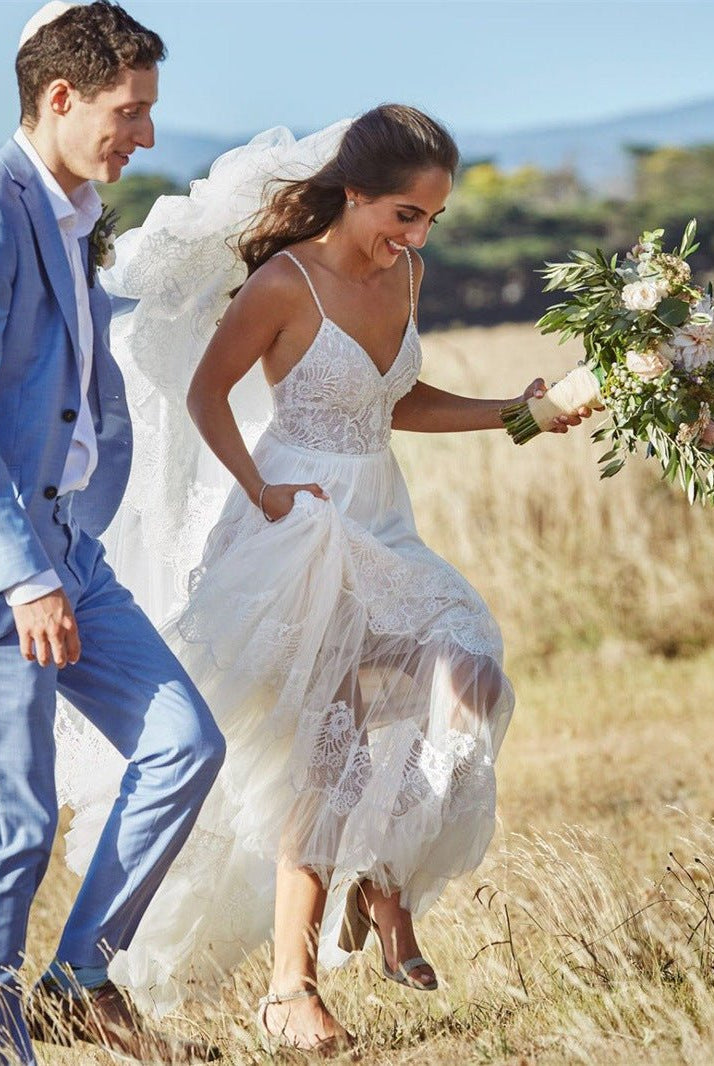 Simple A-Line V Neck Sleeveless Spaghetti Straps Beach Wedding Dresses