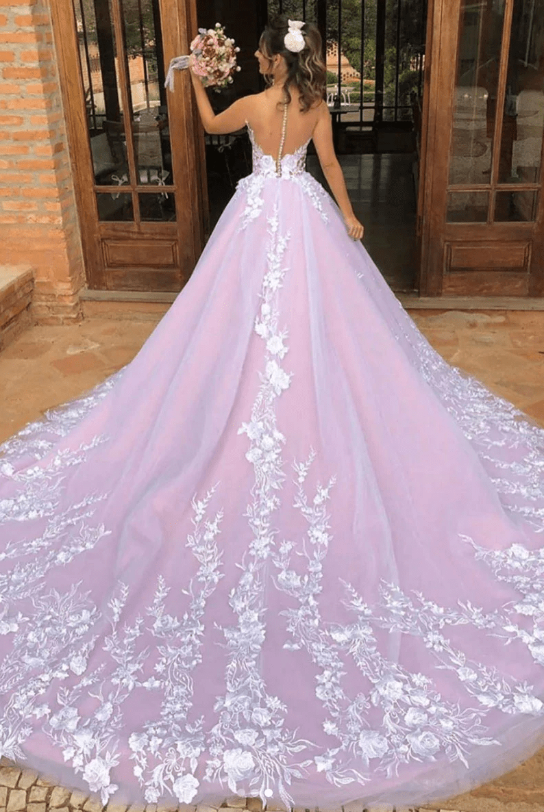 Melania | Light Purple Sleeveless A Line V-Neck Lace Wedding Dresses