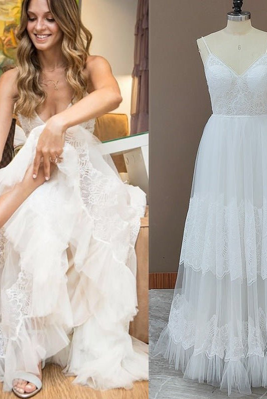 Simple A-Line V Neck Sleeveless Spaghetti Straps Beach Wedding Dresses