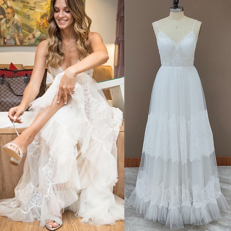 Simple A-Line V Neck Sleeveless Spaghetti Straps Beach Wedding Dresses