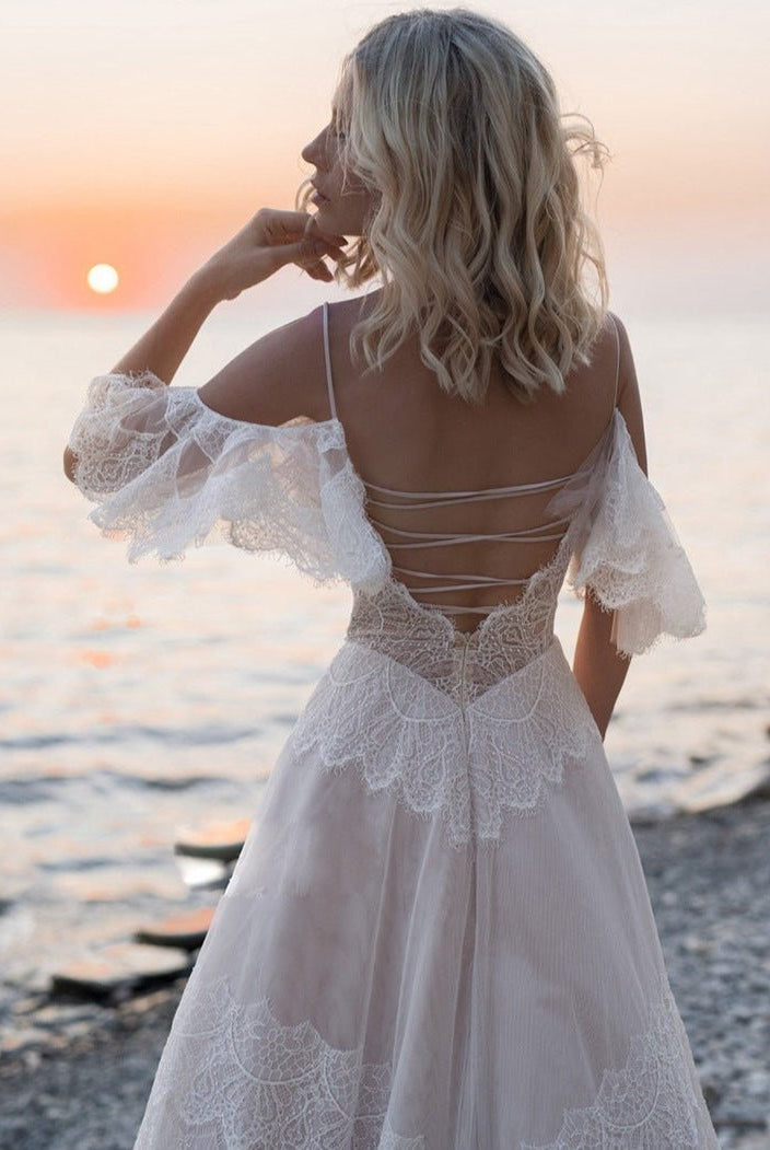 Bohemian Beach Champagne Spaghetti Straps Backless Wedding Dresses