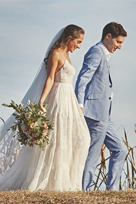 Simple A-Line V Neck Sleeveless Spaghetti Straps Beach Wedding Dresses