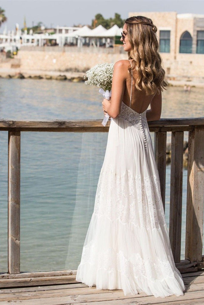 Simple A-Line V Neck Sleeveless Spaghetti Straps Beach Wedding Dresses