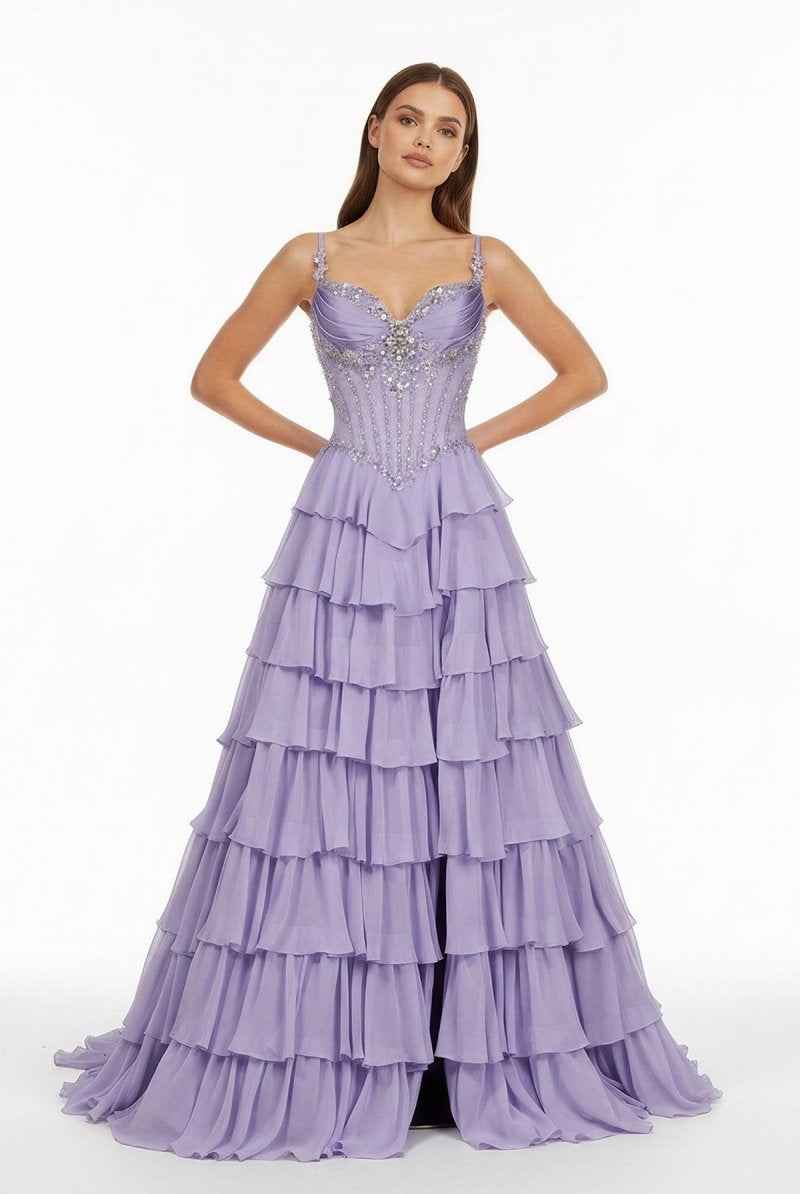 Laerith | Lilac - Sweetheart Chiffon Ruffled A Line Long Formal Prom Dresses With Beading - KissProm