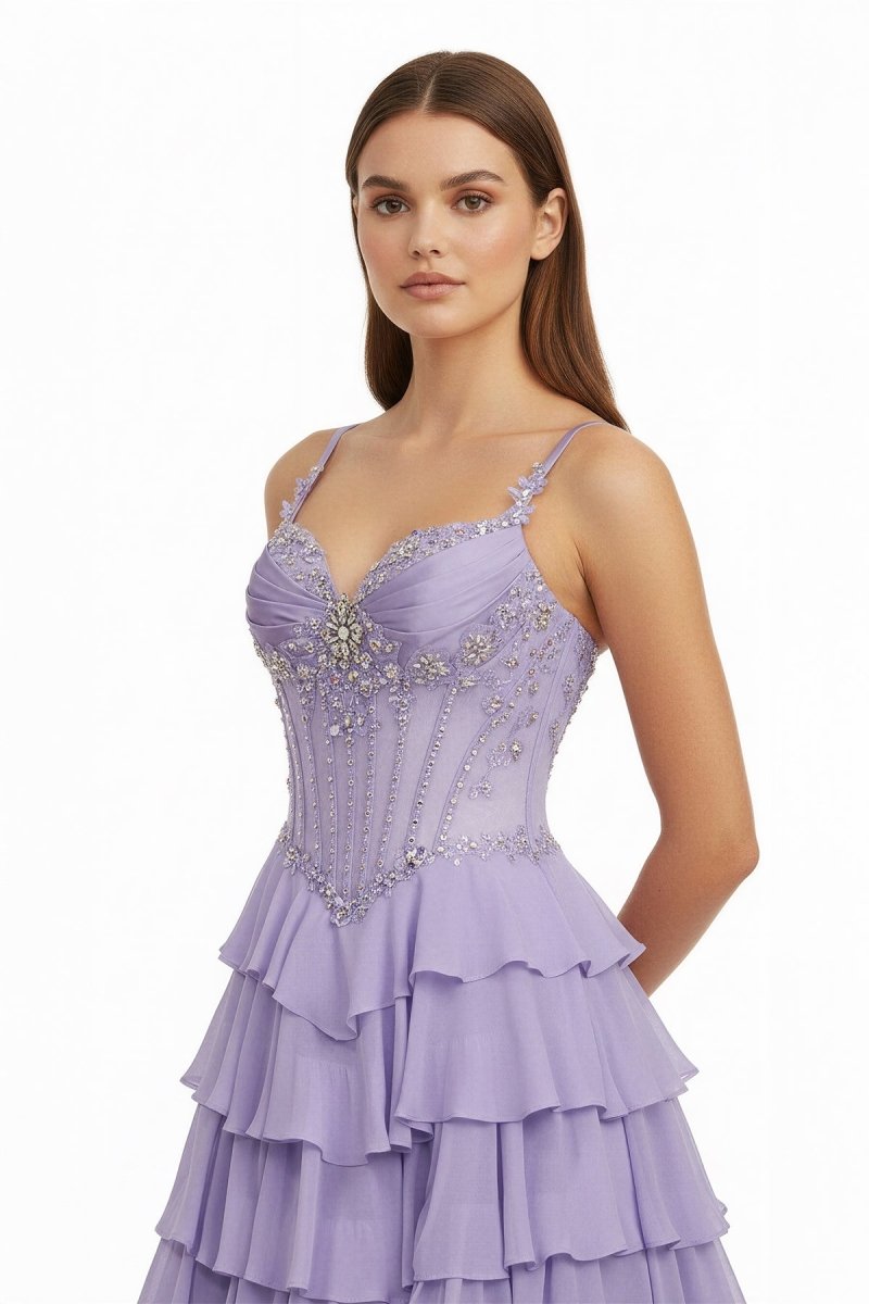 Laerith | Lilac - Sweetheart Chiffon Ruffled A Line Long Formal Prom Dresses With Beading - KissProm