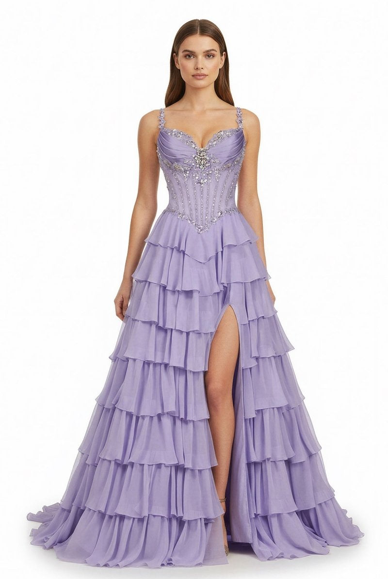Laerith | Lilac - Sweetheart Chiffon Ruffled A Line Long Formal Prom Dresses With Beading - KissProm