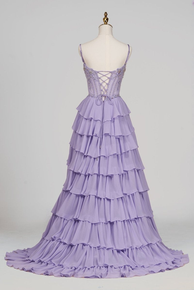 Laerith | Lilac - Sweetheart Chiffon Ruffled A Line Long Formal Prom Dresses With Beading - KissProm