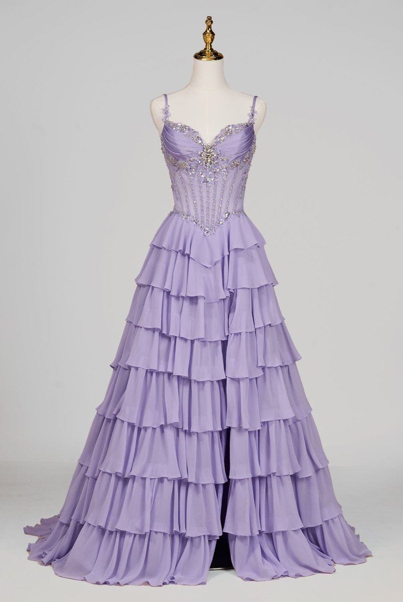 Laerith | Lilac - Sweetheart Chiffon Ruffled A Line Long Formal Prom Dresses With Beading - KissProm