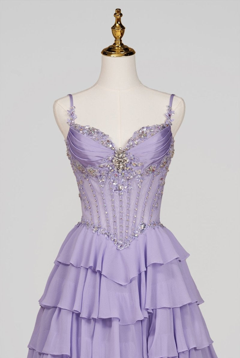 Laerith | Lilac - Sweetheart Chiffon Ruffled A Line Long Formal Prom Dresses With Beading - KissProm