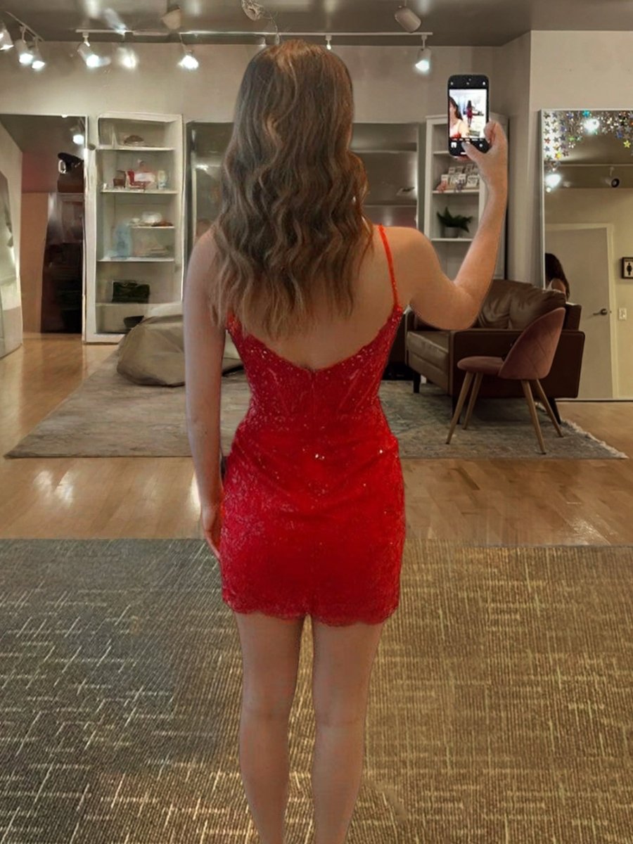 Laleh | Red - Spaghetti Straps Bodycon Sequin Cocktail Dresses With Keyhole