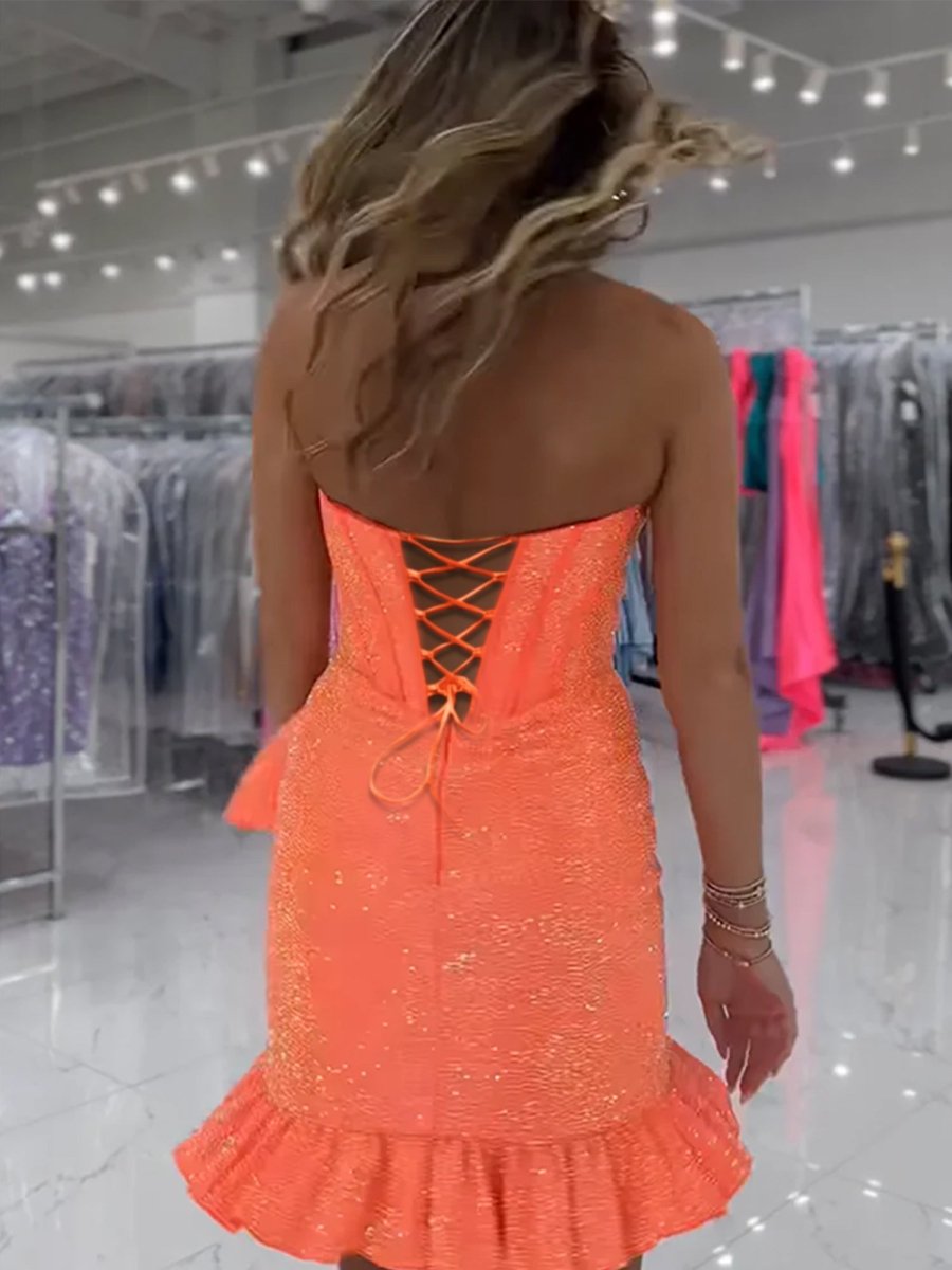 Lalita | Orange - Strapless Beaded Bodycon Short Homecoming Dress With Ruffles