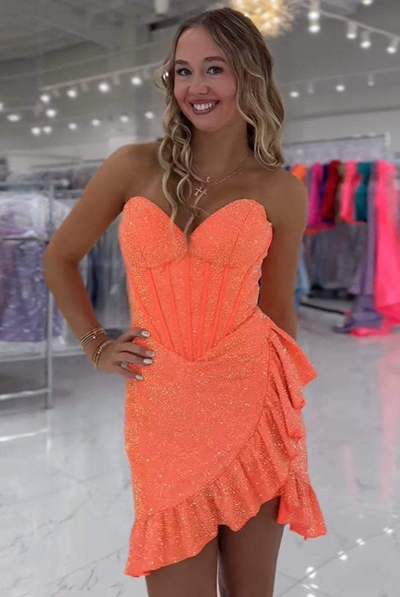Lalita | Orange - Strapless Beaded Bodycon Short Homecoming Dress With Ruffles
