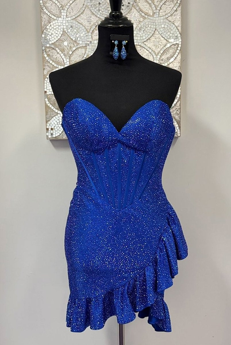 Lalita | Royal Blue - Strapless Beaded Bodycon Short Homecoming Dress With Ruffles