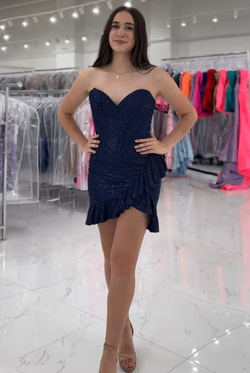 Lalita | Navy Blue - Strapless Beaded Bodycon Short Homecoming Dress With Ruffles