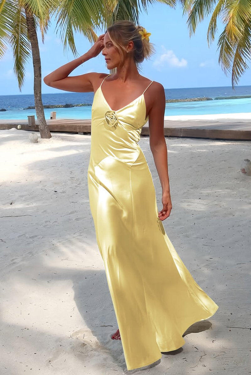 Lapis | Sky Blue - V Neck Sheath Satin Backless Long Formal Prom Dresses With Flower - KissProm