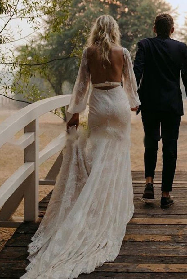 Long Lartern Sleeve Mermaid V - Neck Backless Lace Bohemian Wedding Dresses - KissProm