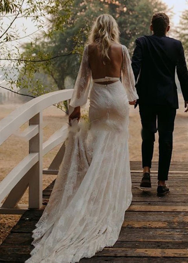 Long Lartern Sleeve Mermaid V - Neck Backless Lace Bohemian Wedding Dresses - KissProm