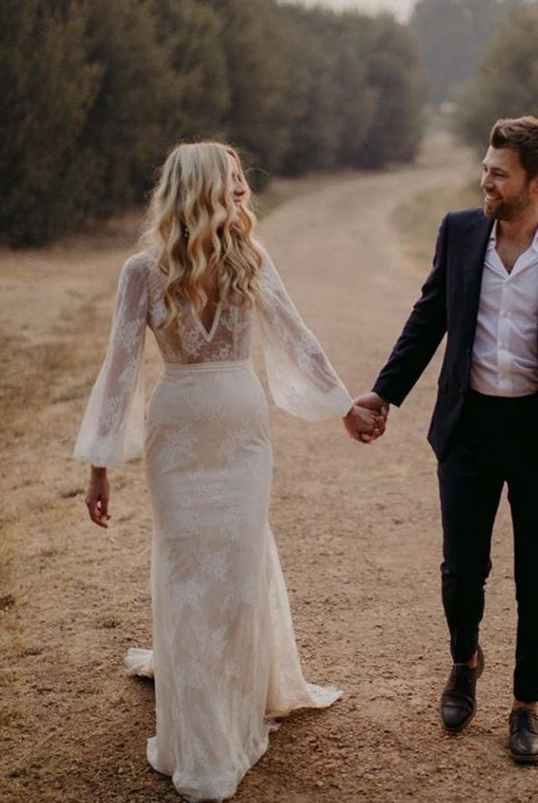 Long Lartern Sleeve Mermaid V - Neck Backless Lace Bohemian Wedding Dresses - KissProm
