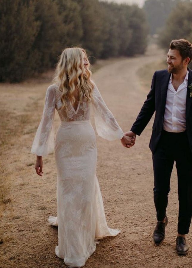 Long Lartern Sleeve Mermaid V - Neck Backless Lace Bohemian Wedding Dresses - KissProm