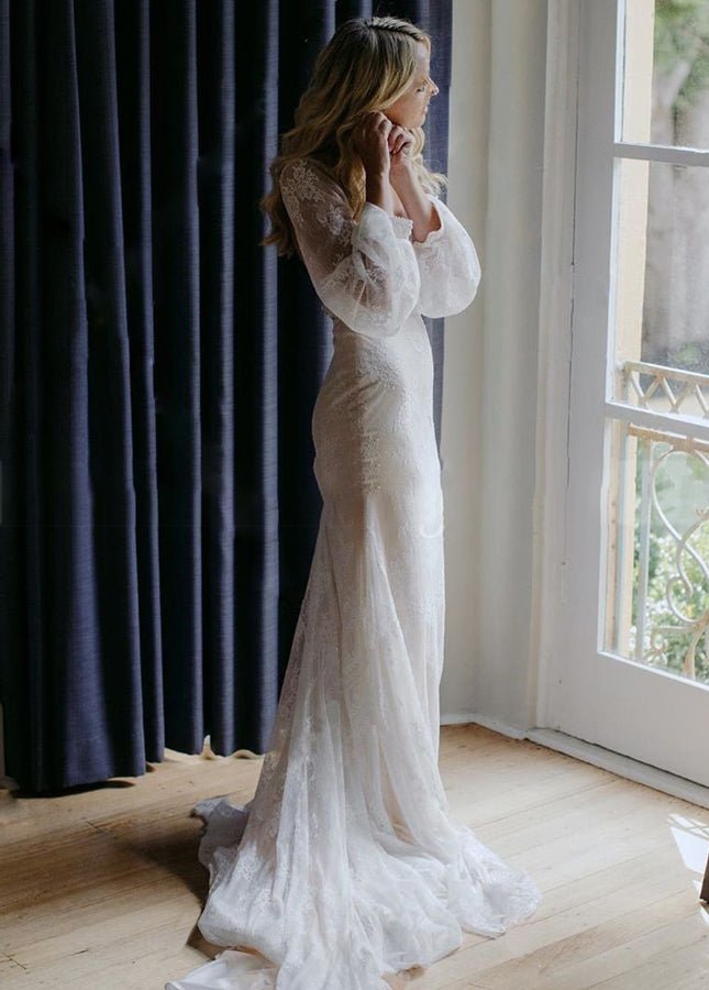 Long Lartern Sleeve Mermaid V - Neck Backless Lace Bohemian Wedding Dresses - KissProm