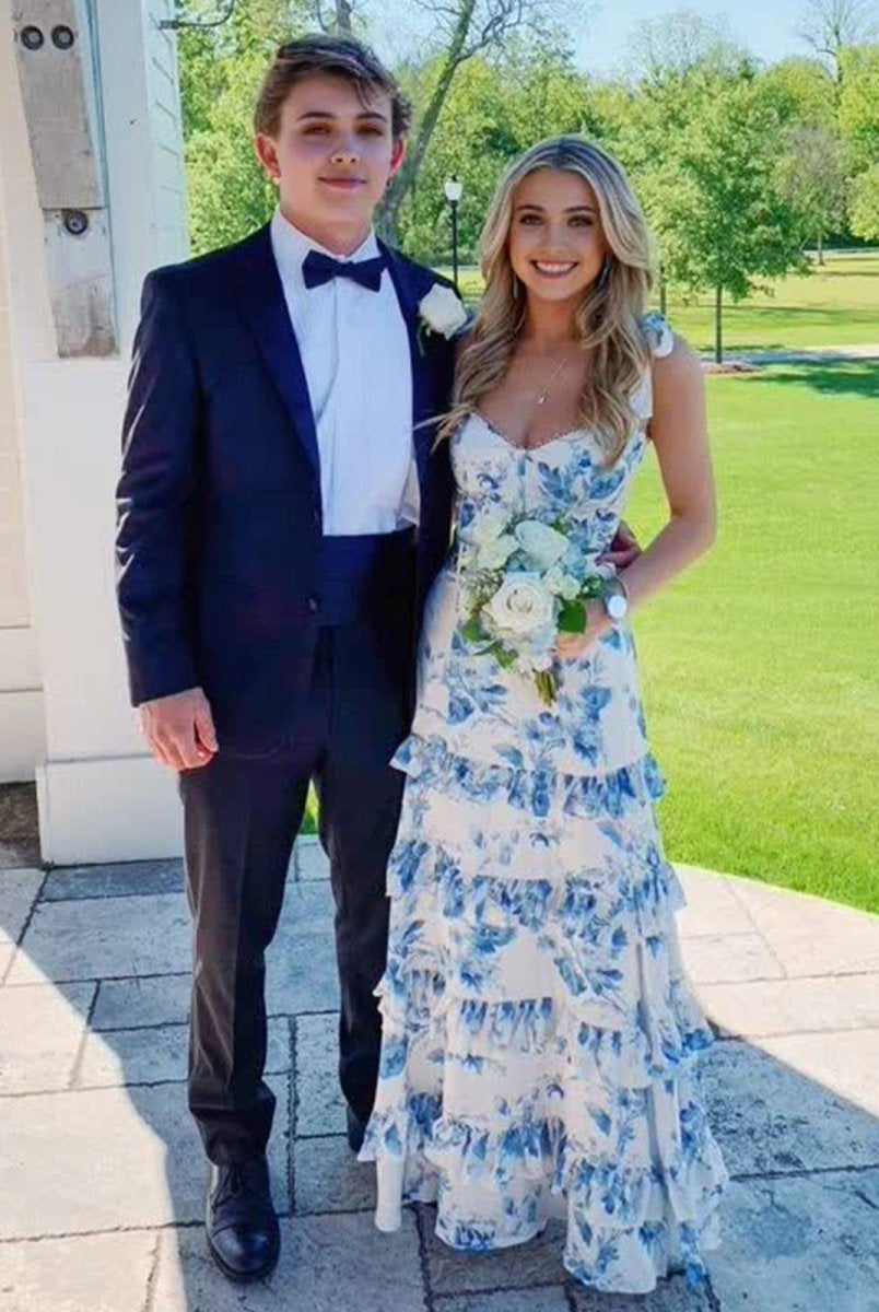 Laurina | Blue Sweetheart A Line Long Floral Prom Dress