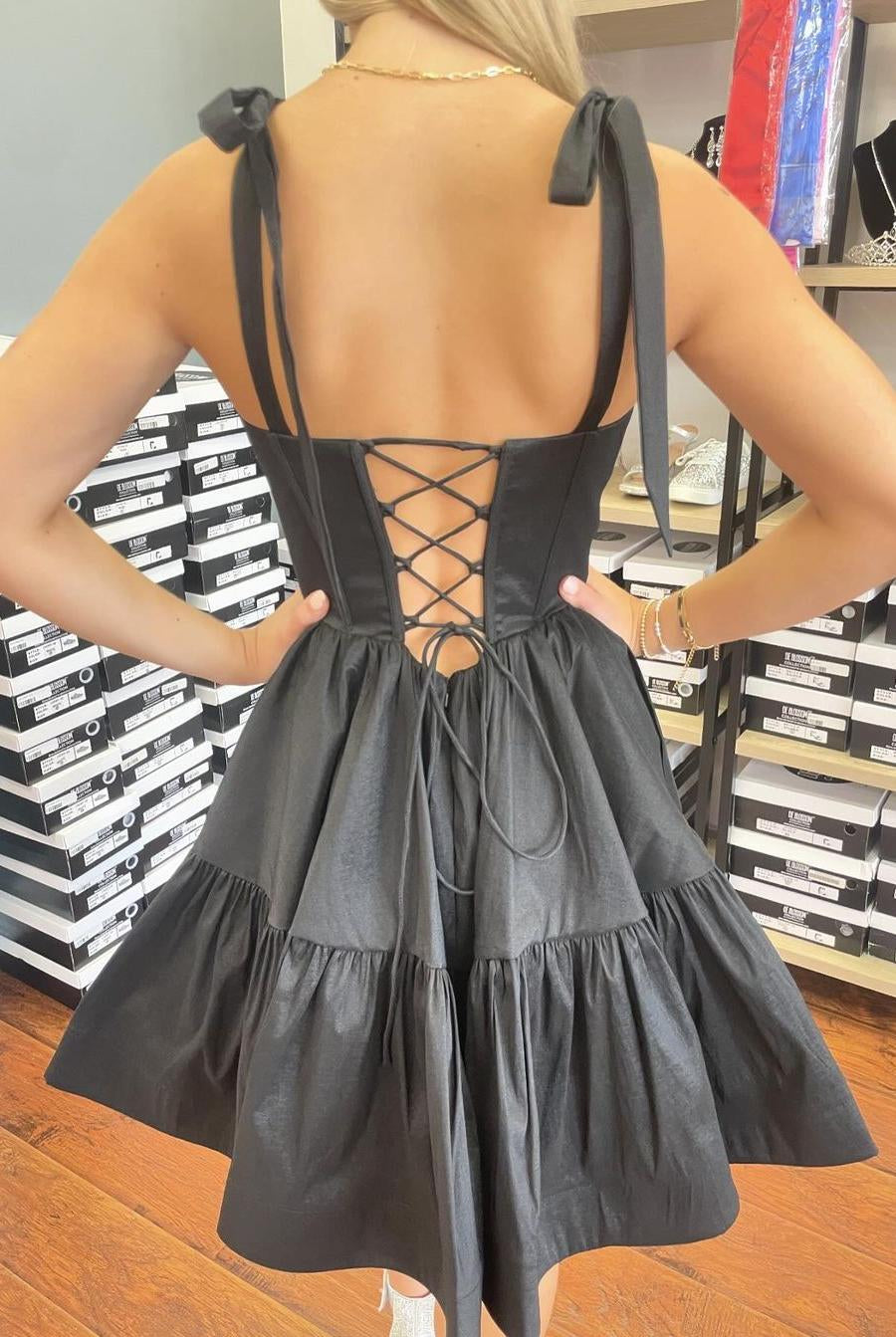 Lavandula | Black - Bow Straps Satin Ruffles A-line Short Homecoming Dresses