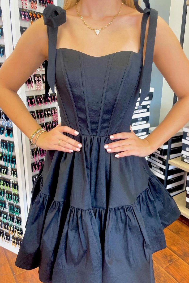 Lavandula | Black - Bow Straps Satin Ruffles A-line Short Homecoming Dresses