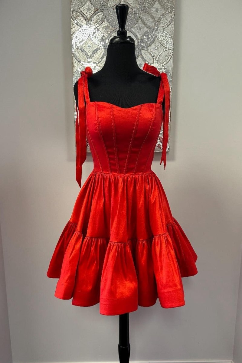 Lavandula | Red - Bow Straps Satin Ruffles A-line Short Homecoming Dresses