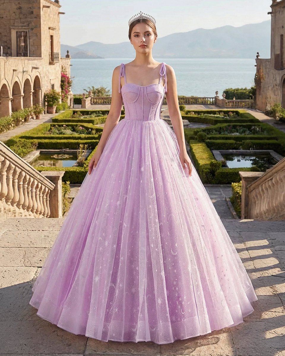 Lilac A-Line Spaghetti Straps Tulle Long Quinceanera Dresses