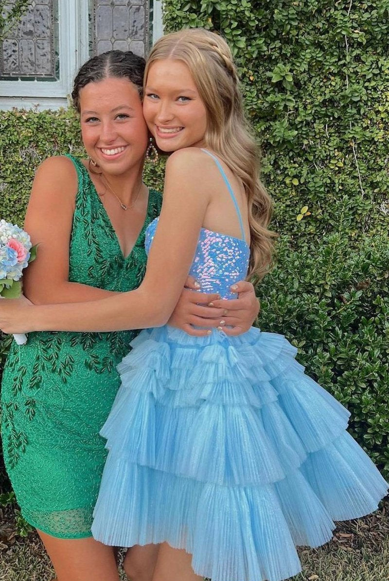 Lavender Sequin V-Neck Ruffle Tiered Short Homecoming Dress