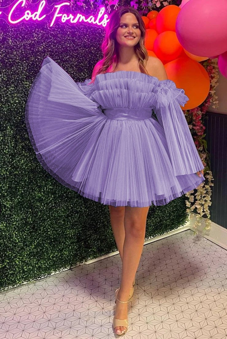 Lavender Strapless Ruffle A-Line Short Dress with Detachable Sleeves