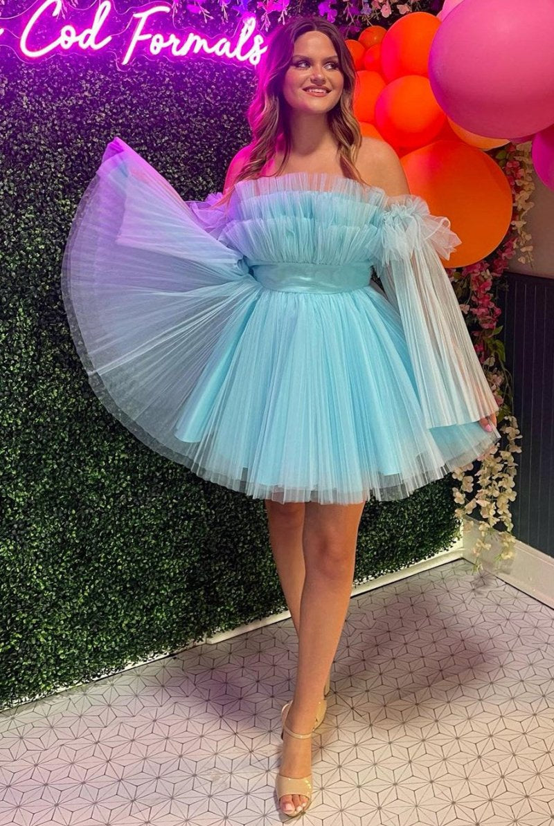 Lavender Strapless Ruffle A-Line Short Dress with Detachable Sleeves