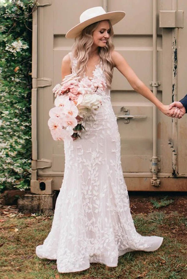 Leaf Lace Appliques Mermaid V-Neck Backless Long Women Wedding Bridal Dresses