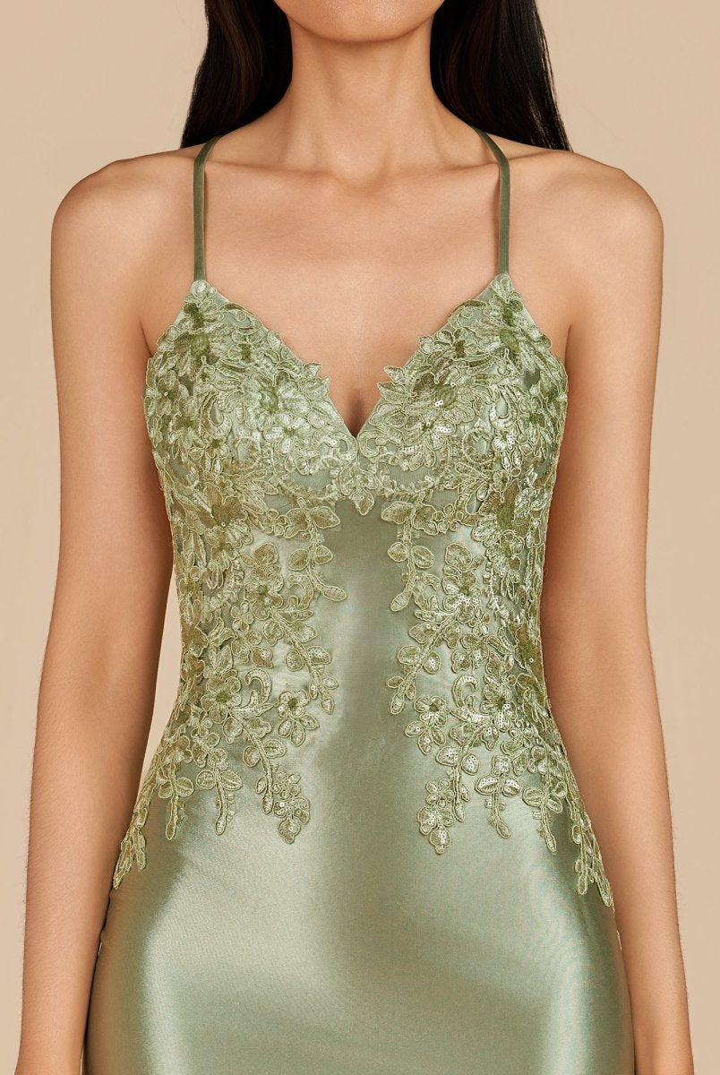 Leirae | Sage - V Neck Bodycon Satin Sequins Homecoming Dresses With Appliques