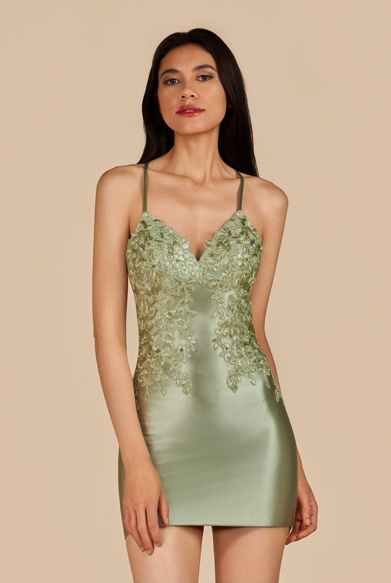 Leirae | Sage - V Neck Bodycon Satin Sequins Homecoming Dresses With Appliques