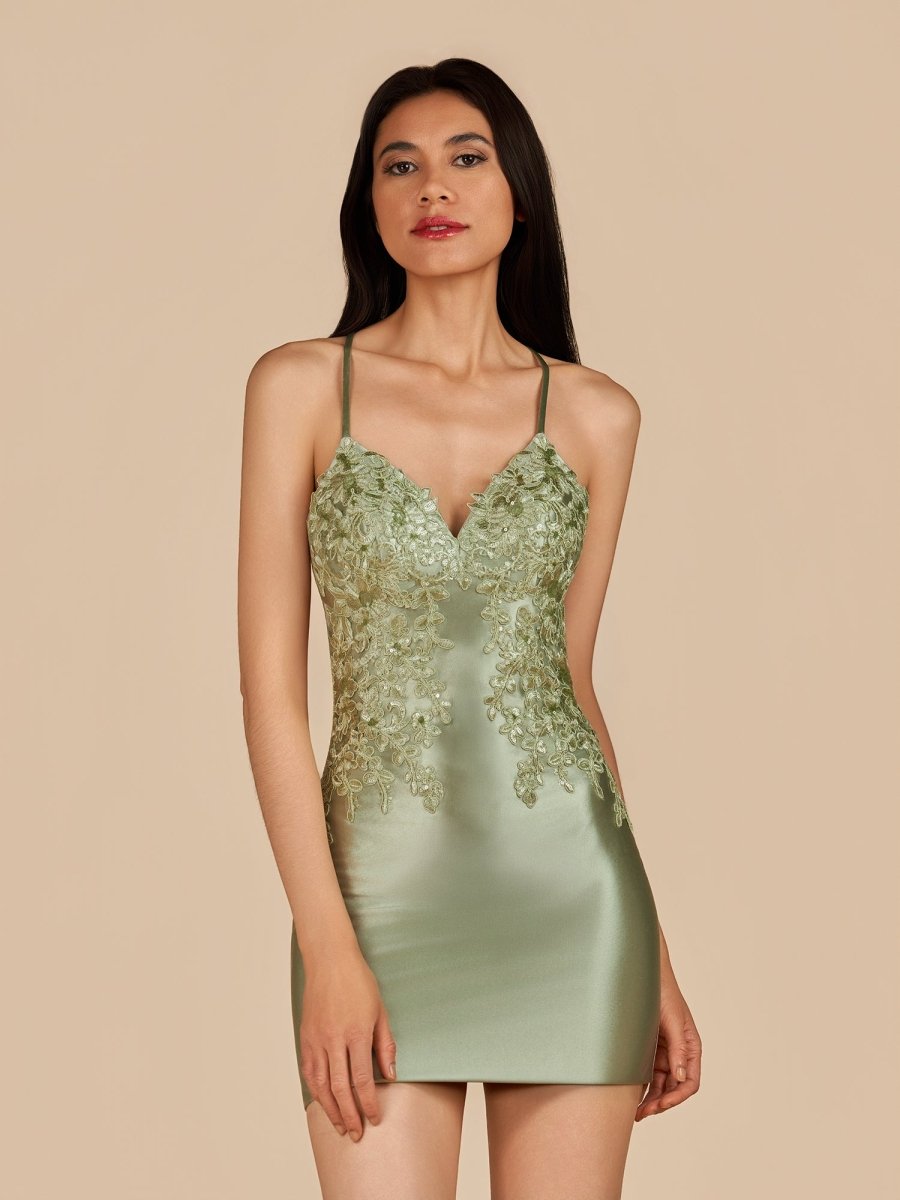 Leirae | Sage - V Neck Bodycon Satin Sequins Homecoming Dresses With Appliques