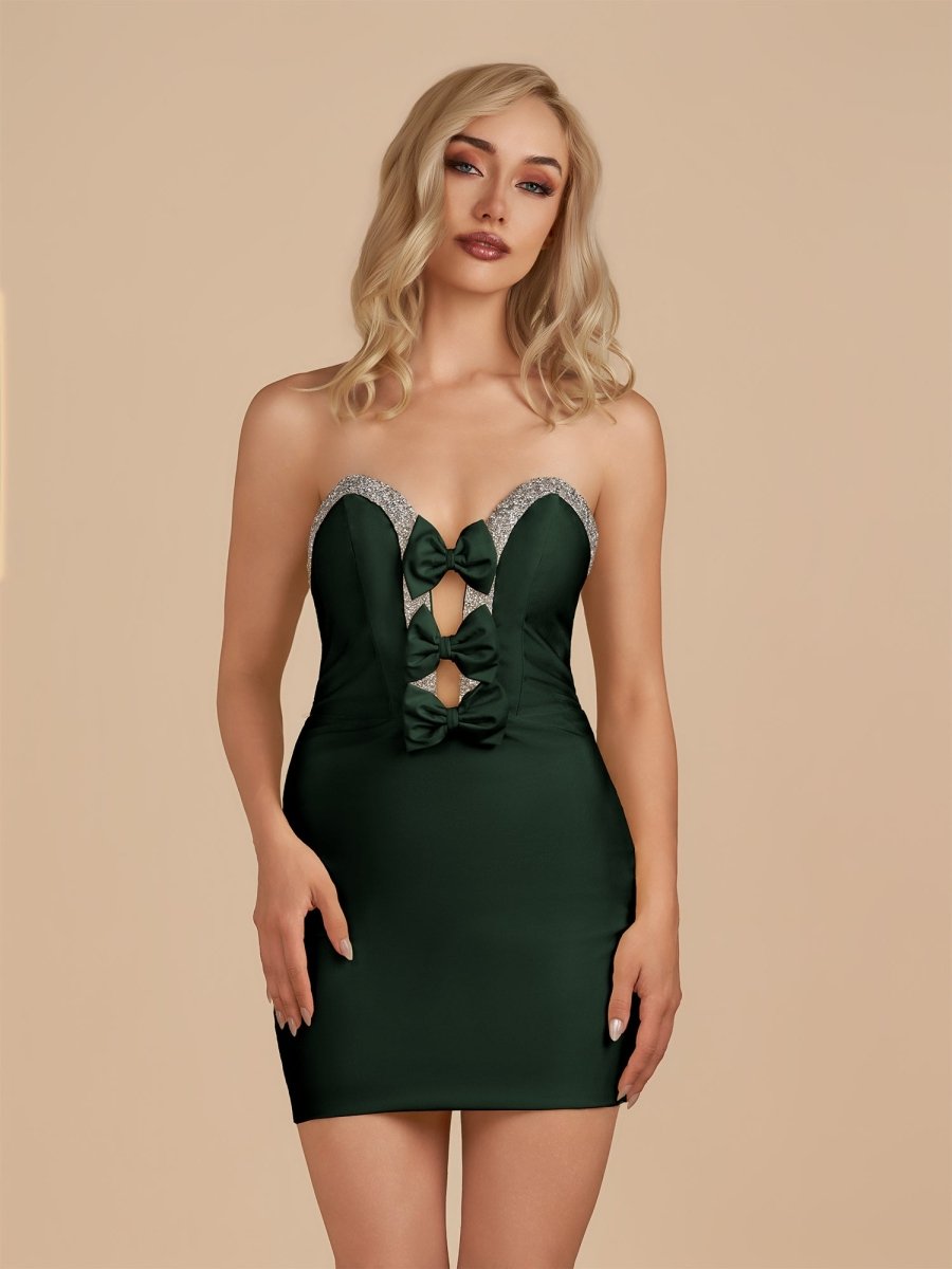 Leniya | Dark Green - Bodycon Strapless Cut Out Satin Beaded Homecoming Dress With Bows
