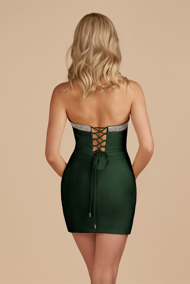 Leniya | Dark Green - Bodycon Strapless Cut Out Satin Beaded Homecoming Dress With Bows