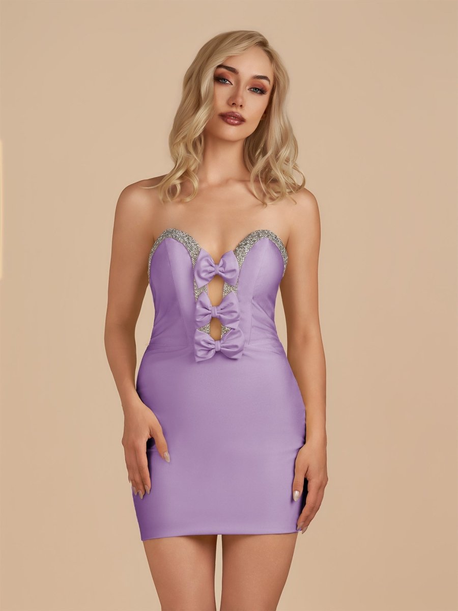 Lilac - Bodycon Strapless Cut Out Satin Beaded Homecoming Dress with Bows Lilac / 18 Lilac - Bodycon Strapless Cut Out Satin Beaded Homecoming Dress with Bows Lilac / 18