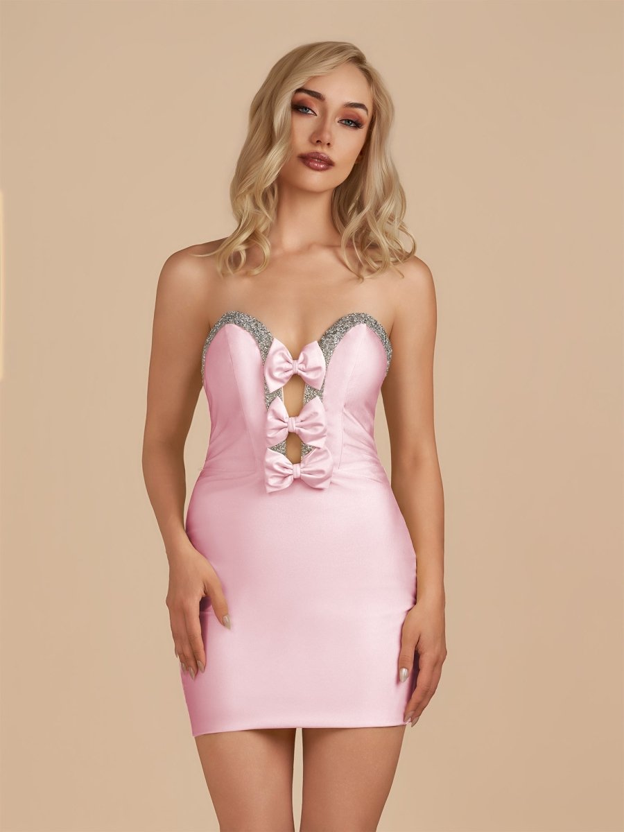 Leniya | Pink - Bodycon Strapless Cut Out Satin Beaded Homecoming Dress With Bows