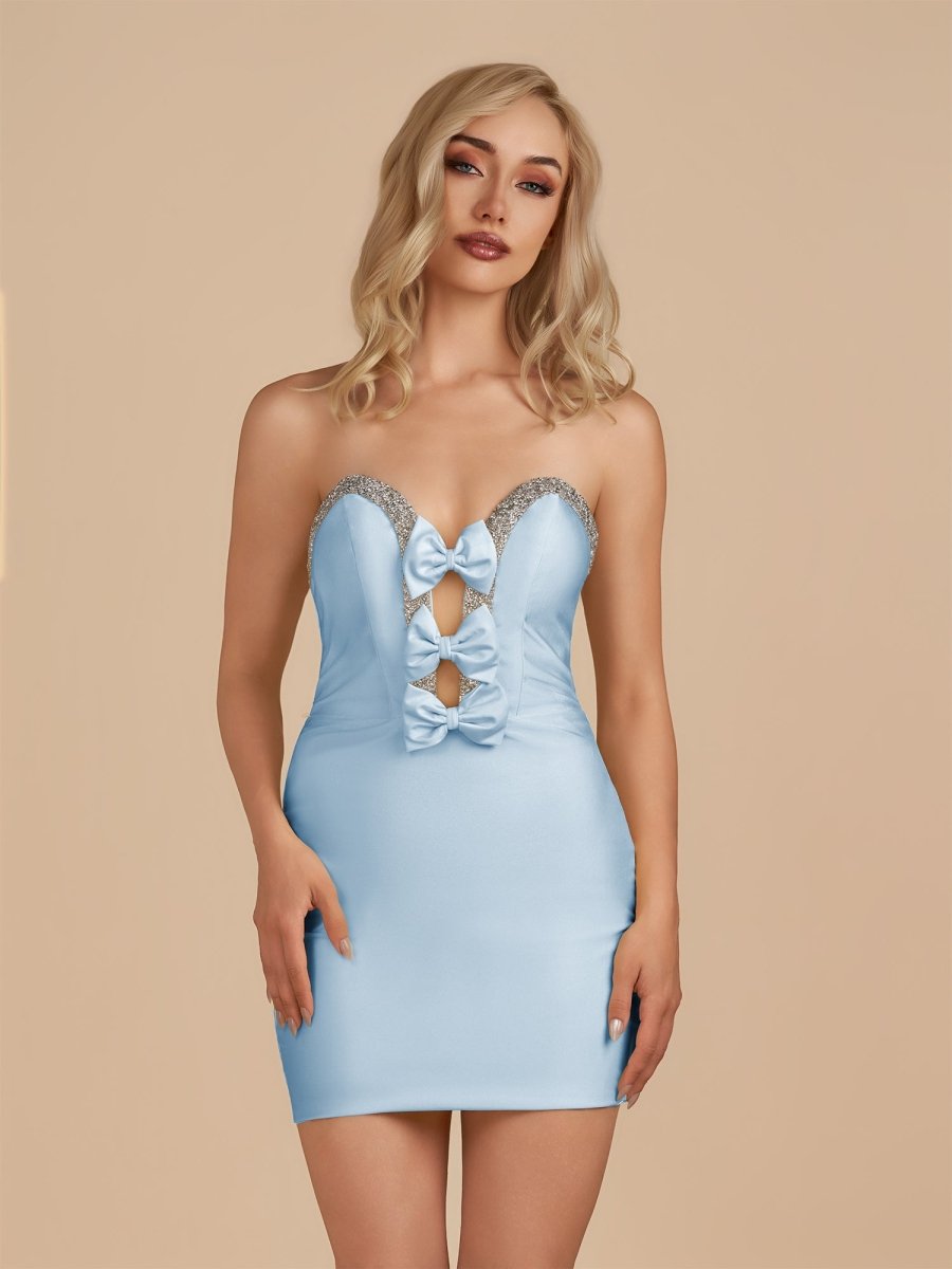 Leniya | Sky Blue - Bodycon Strapless Cut Out Satin Beaded Homecoming Dress With Bows - KissProm