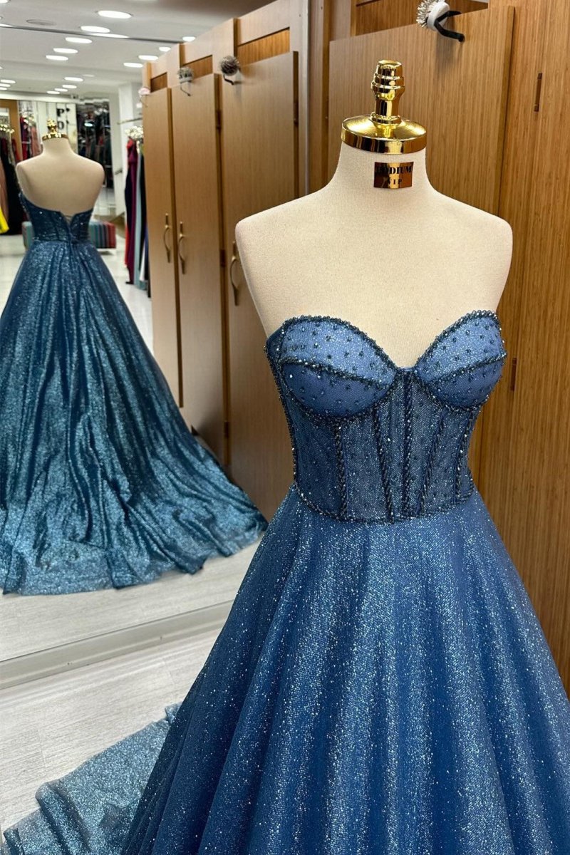 Leon | Navy Blue Sequin Beaded Sweetheart A - Line Long Prom Dress - KissProm