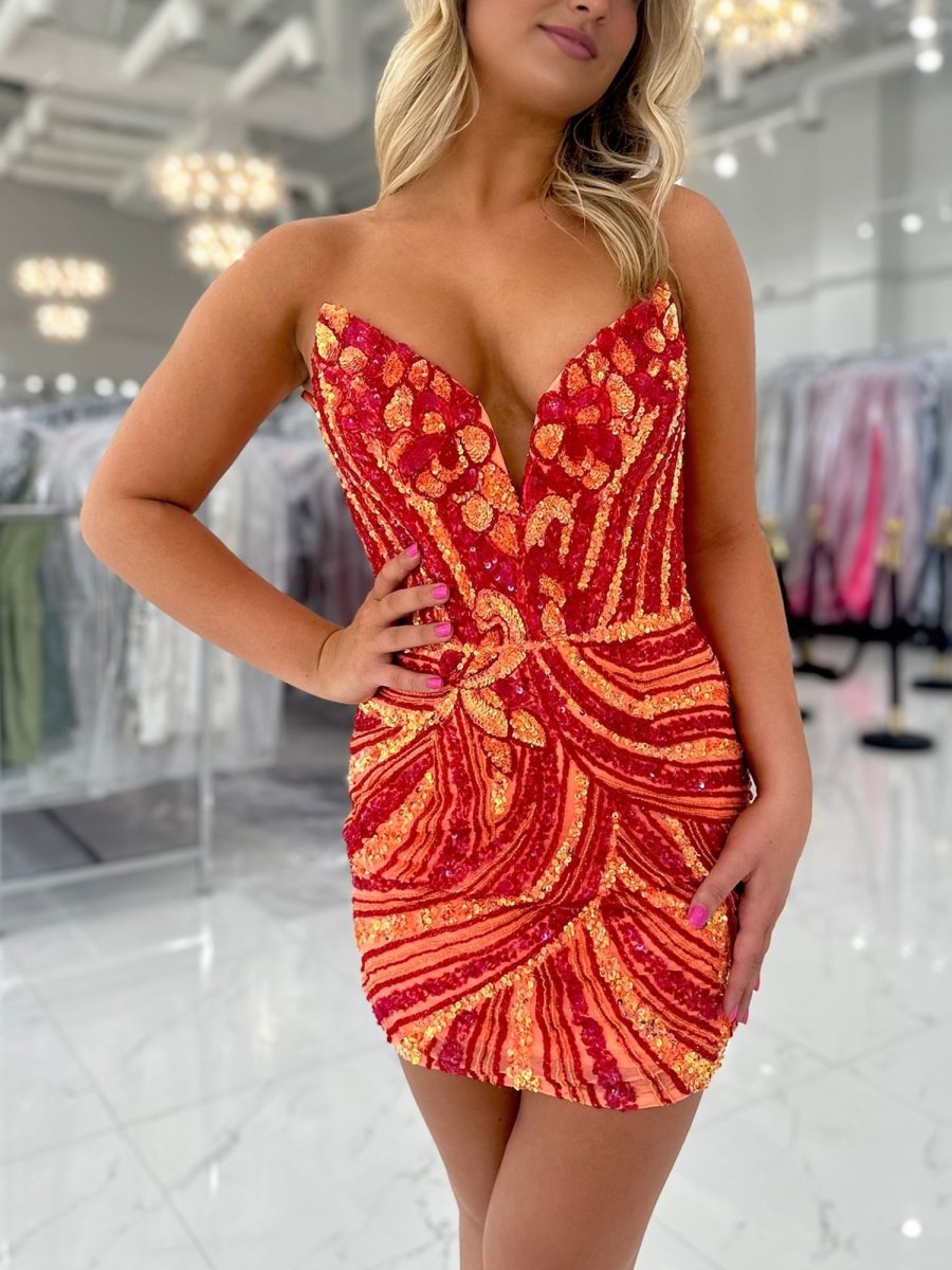 Leony | Orange - Strapless V Neck Sequins Bodycon Short Homecoming Dresses